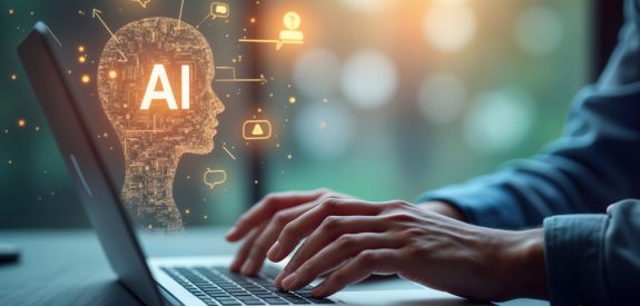 Person types on laptop interacting with AI virtual assistant. AI concepts like prompt engineering, generative AI visualized. Person uses tech for support communication. Future tech for work support